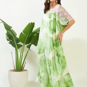 Women's Cotton Tie Dye Print Lace Trim, V-Neck, Full Length, Beach Casual Wear, Spring Collection Kaftan ( Green White )